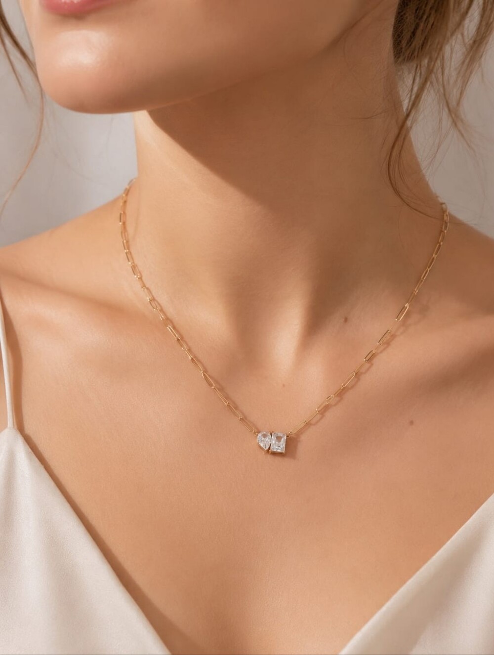 Gold Link Chain Necklace with Double Crystal Pendant - Women's Jewelry
